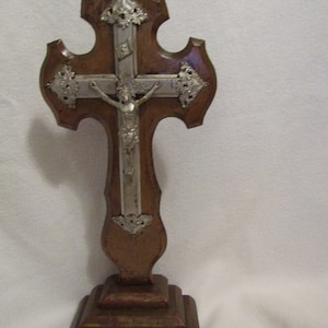 Antique French Crucifix - Wood & Metal - Religious figure - Jesus on cross - Christianity - Catholic -Church