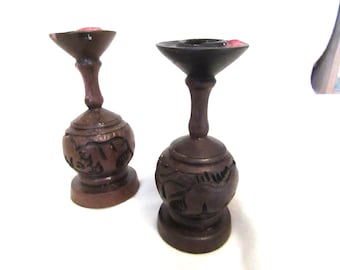 Candle sticks - Old pair Wooden candlesticks - Hand carved Candlestick holders