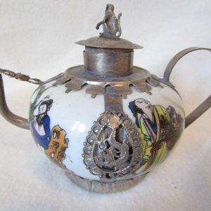 Tea pot - Old Chinese Small Copper Tea pot - Individual Enamel Porcelain  Beauty Belle Kettle