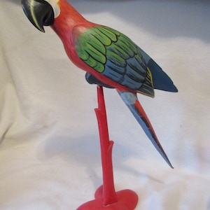 Parrot - Vintage Bird - Tall Hand Carved Parrot - Hand Painted 17 Inch Tall With Stand