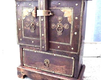 Small Cupboard - Vintage Indian small DESK Top storage cabinet - hand made - wood and brass