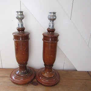 Vintage Wood candlesticks - Large pair of candlestick holders - Old style - Chrome top - wood base