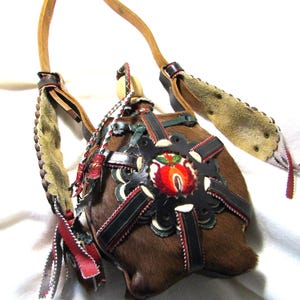 Large Hungarian Canteen - Hand made - Real  Leather - Horse Pony Hair covered - Embroidery