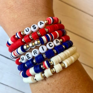 Patriotic Bracelets/Heishi Clay Bracelet/Set of 3 or 4/Vinyl Disc Bracelets/Beaded Bracelet/Stackable Bracelets