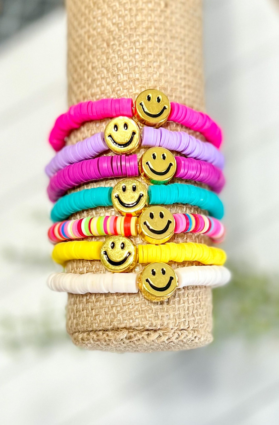 Gold Smiley Bracelet, Smiley Face Bracelet, Heishi Bracelet, Smiley