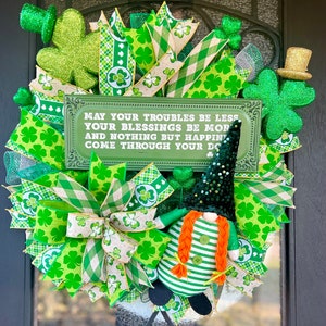 St. Patrick&#39;s Day Wreath, Gnome Wreath, Leprechaun Wreath, Green Wreath, St. Paddy&#39;s Day, Gnome, Clover Door Hanger, Porch Decor, Door Decor