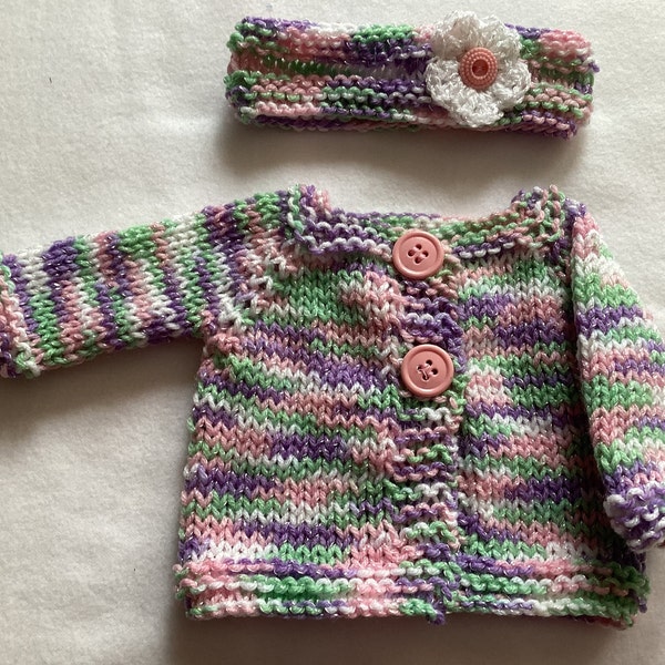 Variegated Pink, Green, Purple and White Sweater and Headband for 18 inch Doll