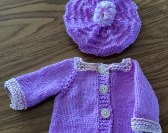 Lavendar and Pink Trimmed Sweater and matching Tam for 18 inch Doll