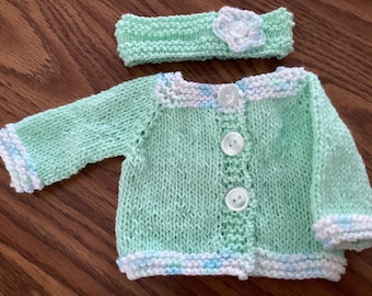 Pastel Green with Variegated Trimmed Sweater and headband for 18 inch Doll