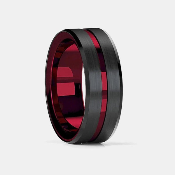 Bague Red Groove - Acier inoxydable - Bague Homme - Bague Femme - Noir - Rouge - Black Friday