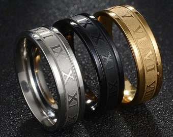 Roman Numeral Ring - Numbers Band Ring - Mens Ring - Womens Ring - Stainless Steel - Black / Gold / Silver - 6mm Band - Black Friday