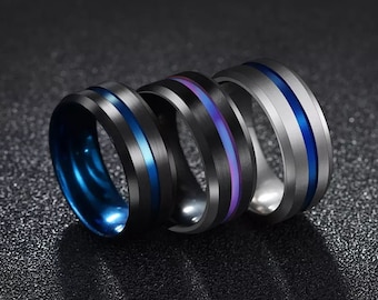 Mens Black Ring - Mens Silver Ring - Grooved Ring- Mens Ring  - Black, Silver, Blue, Purple, Red, Gold - Stainless Steel Ring - Black Friday