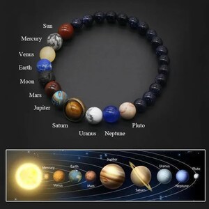 Planet Bracelet - Solar System Beads - Cosmic - Natural Stone - Wrist - One Size Fits All - Mars - Earth - Saturn - Sun