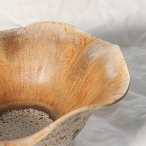 May include: A handmade ceramic bowl with a unique, organic shape. The interior features warm, earthy tones of brown and orange, with a speckled white base. The rim has a gently undulating edge, adding to its artisanal appeal.