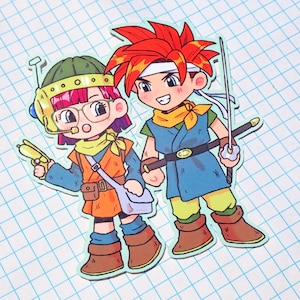 May include: A colorful sticker featuring two anime-style characters. One character has red hair and a sword, the other has pink hair, glasses, and a yellow gun. Both are wearing costumes with brown boots and holding hands. The background is a grid.