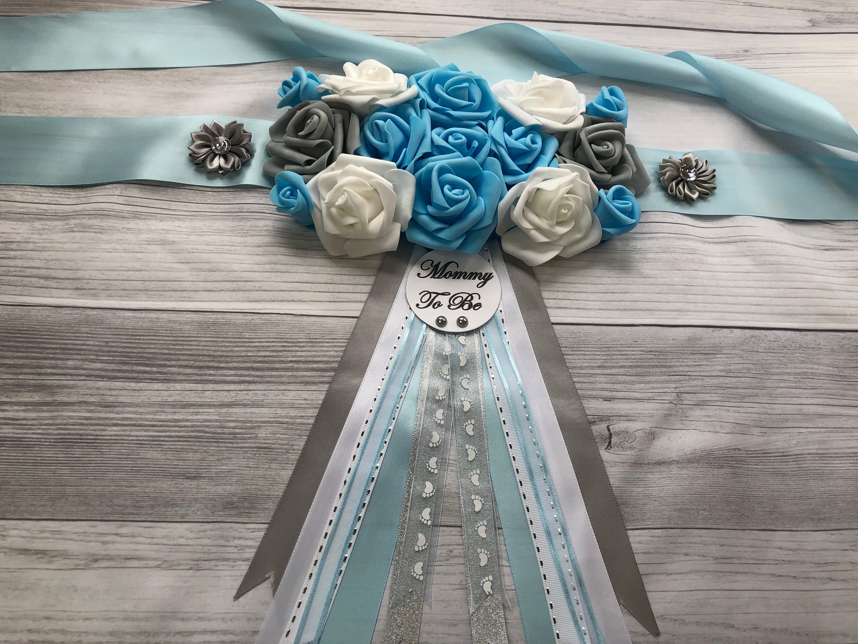 Maternity Sash/Bridal Shower Sash/Photo Op Keepsake/Boy Baby Shower/Daddy to Be pin. Baby Blue and Gray Silk Cloth Flowers