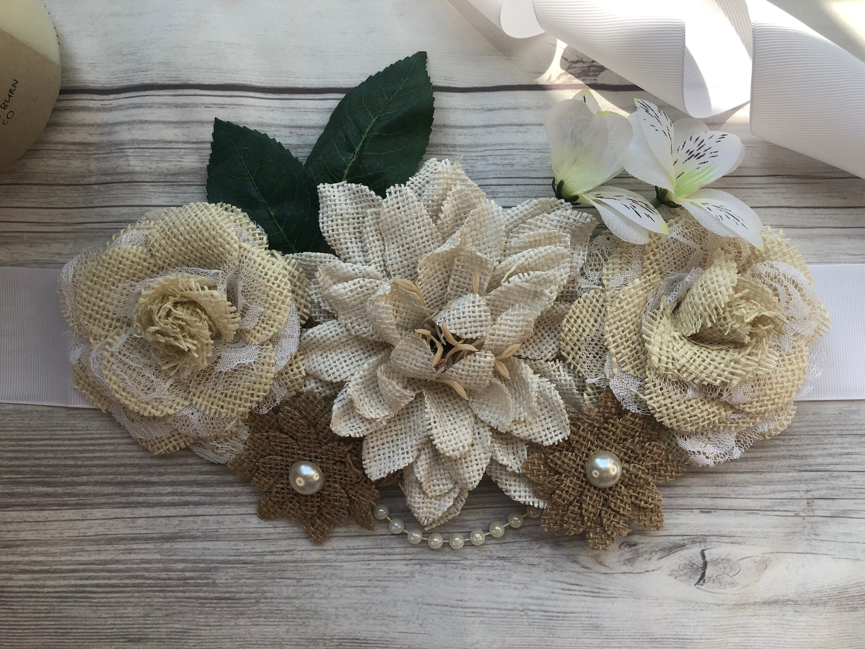 Burlap and Beige Flowers Maternity Sash/Bridal Shower Sash/Photo Op Keepsake/Gender Neutral Baby Shower/Daddy to Be pin. Feathers