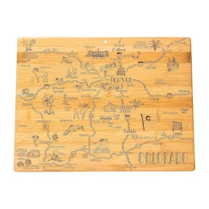 May include: A wooden cutting board with a laser-etched map of Colorado. The map shows major cities and towns, including Denver, Colorado Springs, and Pueblo. The board is a great way to show your Colorado pride.