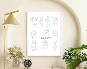 BODY POSITIVITY ART, Beautiful Bodies Sketch, Diversity Woman Fine Line Art Print, Women Empowerment, Feminist Drawing