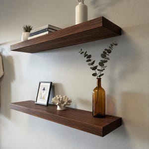 May include: Two horizontal floating shelves made of dark brown wood mounted on a wall. The top shelf holds a small potted succulent and a stack of books. The bottom shelf features a framed geometric print, a white coral sculpture, and a brown glass vase.