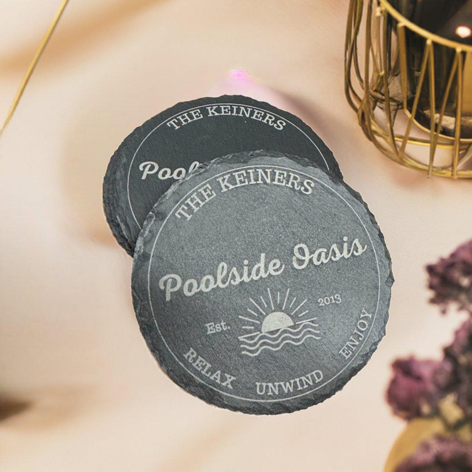 Pool Coasters Poolside Coaster Set | Round Slate | Personalized | Pool Decor - Etsy