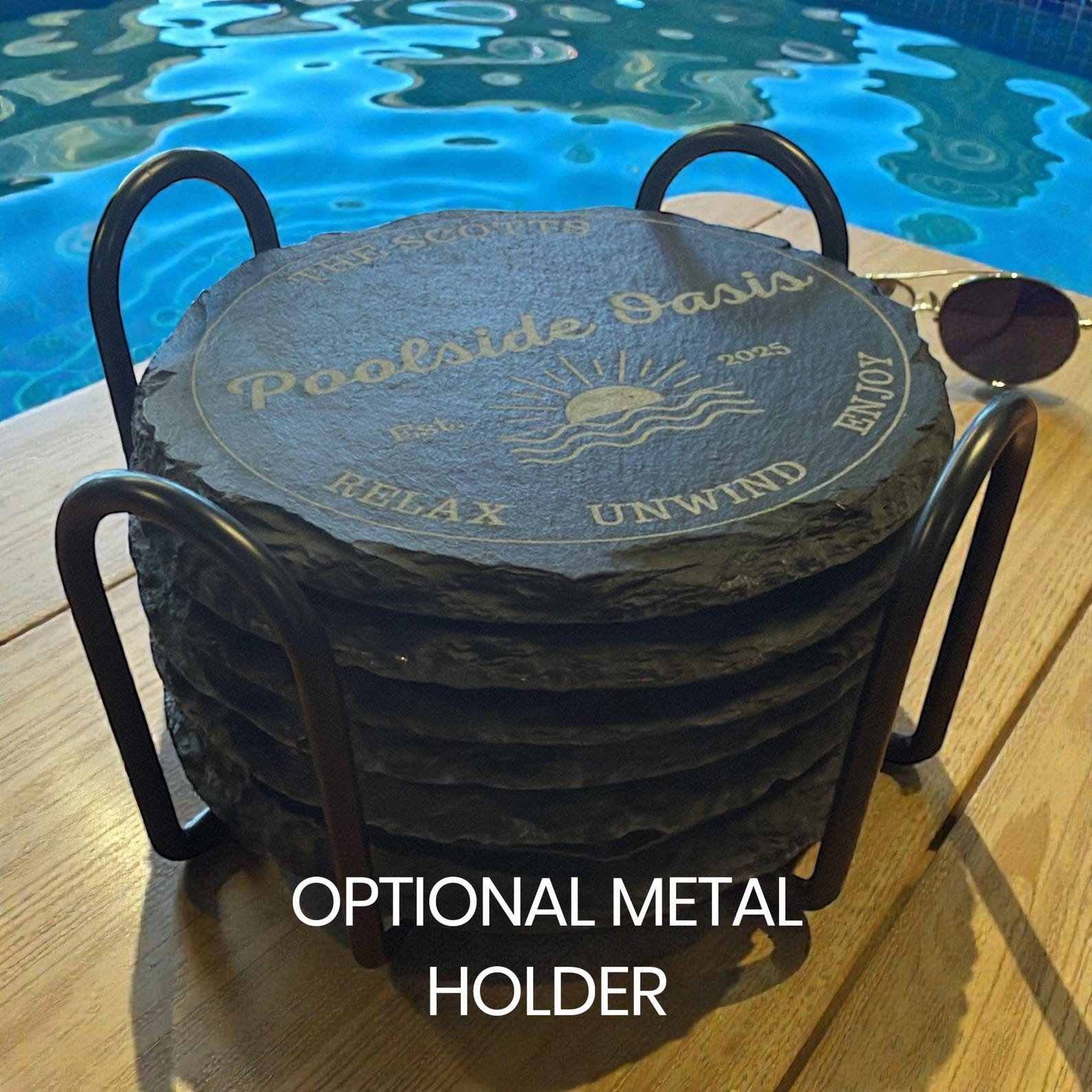 Pool Coasters Poolside Coaster Set | Round Slate | Personalized | Pool Decor - Etsy