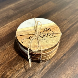 Round 4” Wood Marble Coaster Set, 4-Piece Set, Home Sweet Home, Barware, Laser Engraved, Personalized Gift