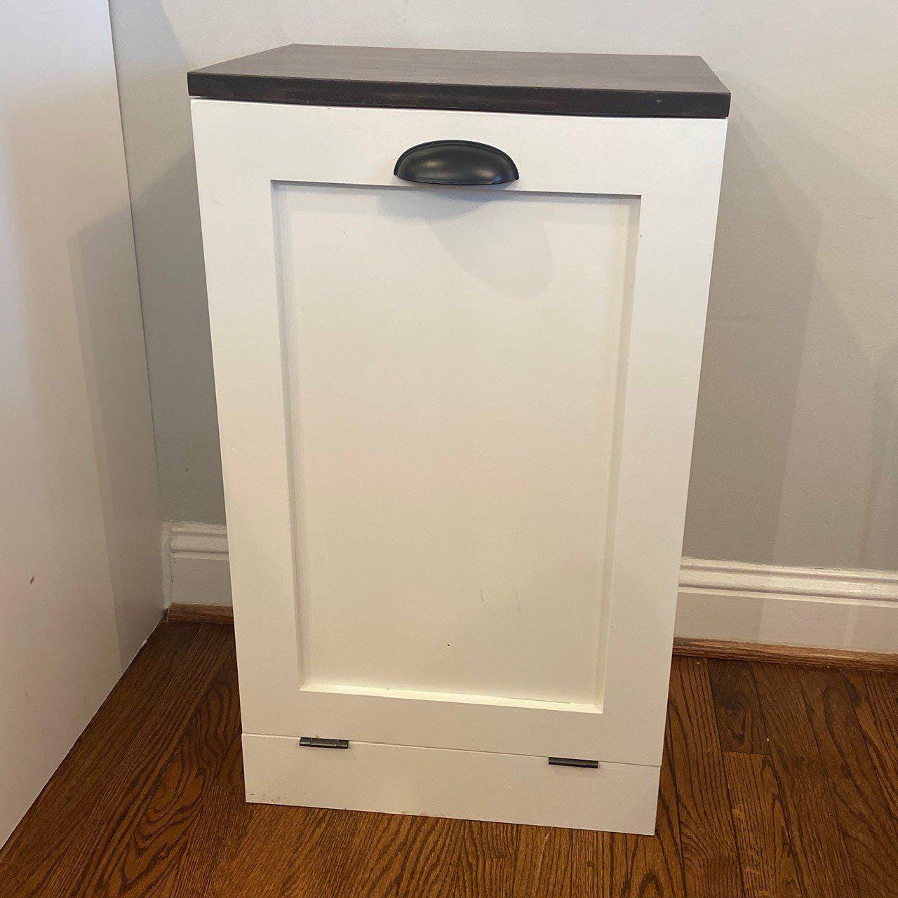 Hidden Trash Can Cabinet - Tip Out Bin with Wood Top - Custom Painted Kitchen Trash Storage - Recycling Cabinet