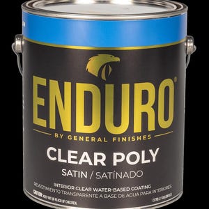 May include: A black paint can with a blue band at the top. The can features the word "ENDURO" in large yellow letters, along with the words "CLEAR POLY" and "SATIN". The can contains 1 gallon (3.785 L) of interior clear water-based coating.