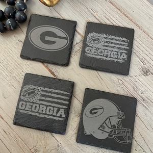 Georgia Bulldogs Slate Coaster, Custom Laser Engraved, Football Coaster, Bar Decor