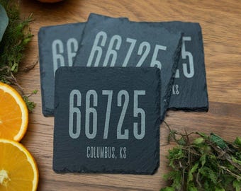 Slate Coaster Set | 4-Piece Set | Square Slate City & Zip Coaster Set