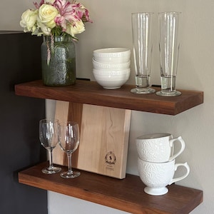 Walnut Wood Floating Shelf with Angle Brackets – Thick Wall-Mounted Shelves – Custom Sizes