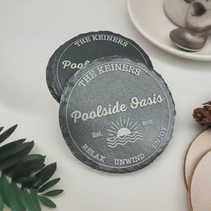 Poolside Coaster Set | Round Slate | Personalized | Pool Decor