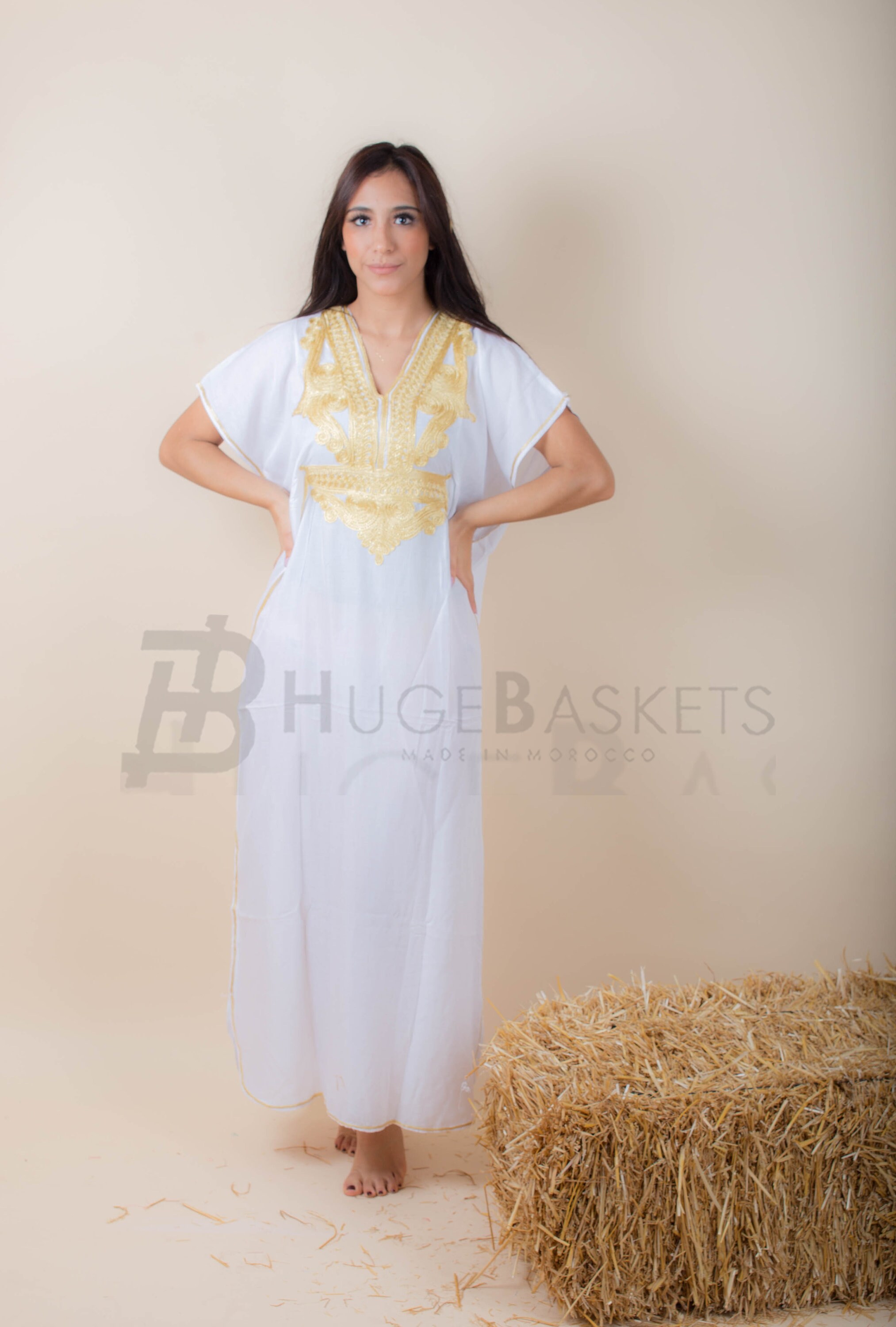 white and gold kaftan