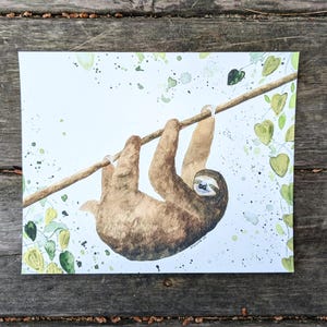 Embellished Shimmer Sloth Print | Watercolor 8x10 Giclee Mixed Media