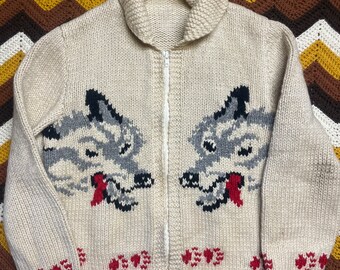 1950s Vintage Antique Wolf Cowichan Zippered Sweater