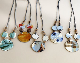 Ceramic Necklaces, Porcelain Necklaces, Birthday Gifts for Her, Affordable Unique Gifts,Handmade Pendant with black cord, Adjustable Jewelry