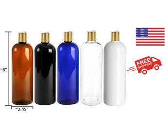 New, Plastic, PET,  BPA Free, Durable, Refillable, Strong, Recyclable, 16 Oz , Cosmo Bottle, with 24/410 Metalized Gold disc cap .