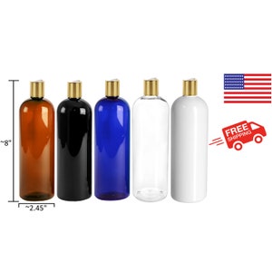 May include: Five plastic bottles with gold caps. The bottles are 8 inches tall and 2.45 inches in diameter. The bottles are amber, black, blue, clear, and white.
