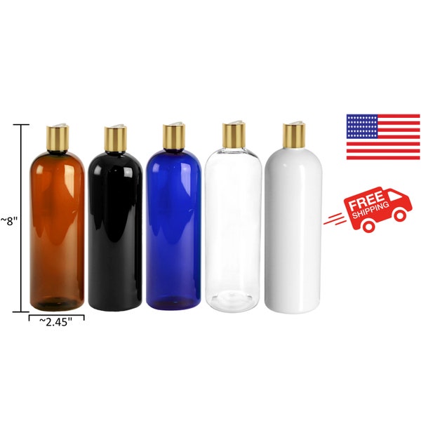 New, Plastic, PET,  BPA Free, Durable, Refillable, Strong, Recyclable, 16 Oz , Cosmo Bottle, with 24/410 Metalized Gold disc cap .