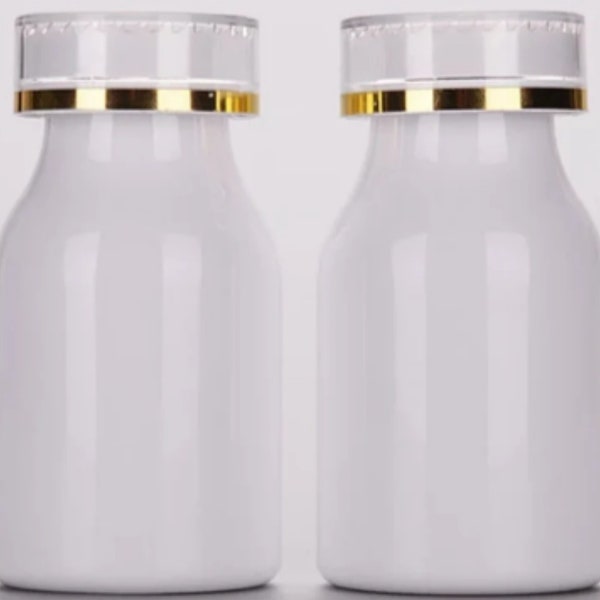 New white PETG Plastic Vitamin Pill bottles with a gold-lined child resistant cap, 160 & 130 ml