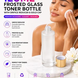 May include: Frosted glass toner bottle with a gold cap, 120ml capacity. The bottle features an orifice reducer and is designed for toners, essences, and floral waters. The packaging is elegant, reusable, and travel-friendly.
