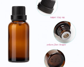 New30ml/50ml/100ml Amber Glass Essential Oil Bottle with Orifice Reducer – Leak-Proof Black Cap –
