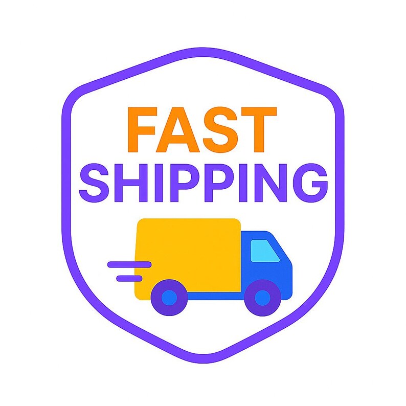 K&ouml;nnte beinhalten: Grafik eines blau-gelben Lieferwagens in einem lila-wei&szlig;en Schild. Die Worte "FAST SHIPPING" sind in Orange und Lila gehalten. Der LKW hat blaue R&auml;der und eine blaue Kabine.