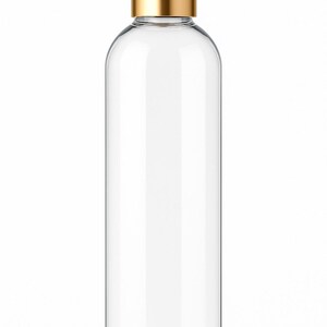 K&ouml;nnte beinhalten: Eine transparente, zylindrische Flasche mit einem goldfarbenen Klappdeckel. Die Flasche ist transparent, so dass der Inhalt sichtbar ist. Der Deckel hat eine gl&auml;nzende, metallische Oberfl&auml;che. Geeignet f&uuml;r Fl&uuml;ssigkeiten.