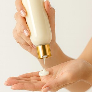 K&ouml;nnte beinhalten: Eine cremefarbene Flasche mit goldenem Verschluss gibt eine wei&szlig;e Lotion auf die Hand einer Person ab. Die Flasche wird in einer Hand gehalten, w&auml;hrend die andere Hand ge&ouml;ffnet ist, um die Lotion zu empfangen. Der Hintergrund ist schlicht wei&szlig;.