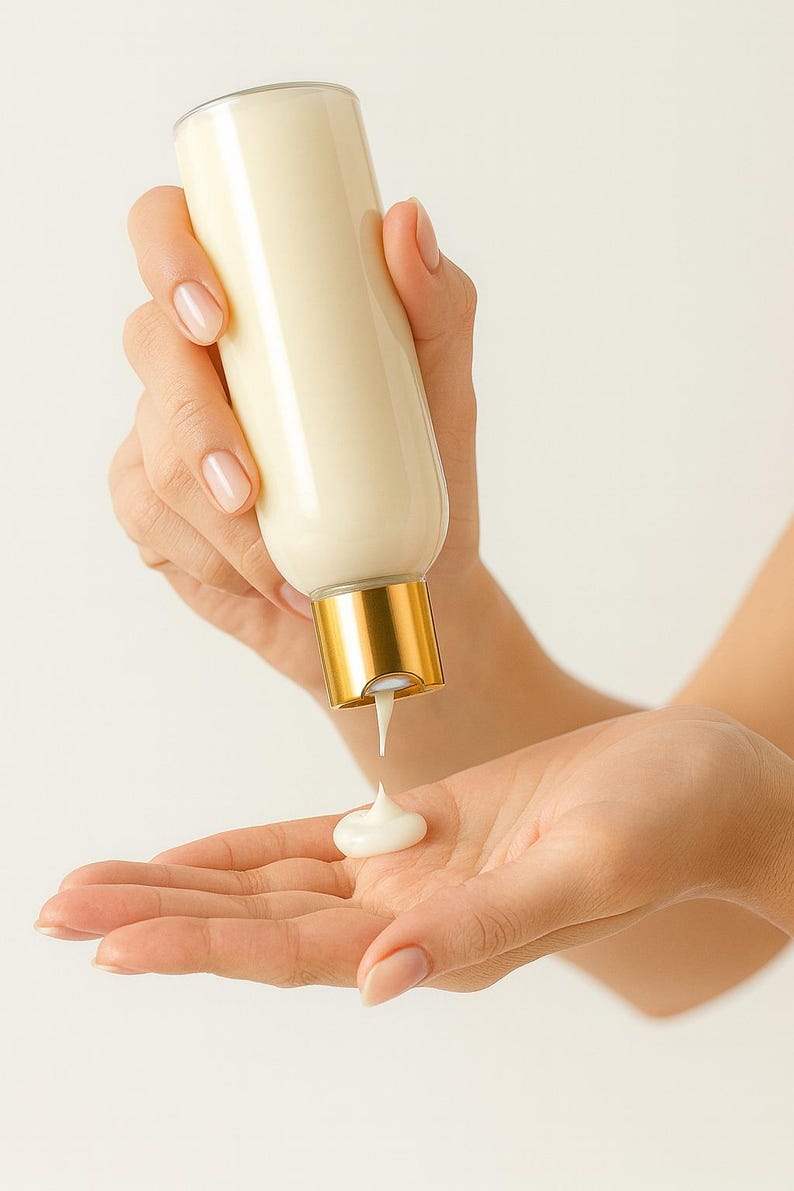 K&ouml;nnte beinhalten: Eine cremefarbene Flasche mit goldenem Verschluss gibt eine wei&szlig;e Lotion auf die Hand einer Person ab. Die Flasche wird in einer Hand gehalten, w&auml;hrend die andere Hand ge&ouml;ffnet ist, um die Lotion zu empfangen. Der Hintergrund ist schlicht wei&szlig;.