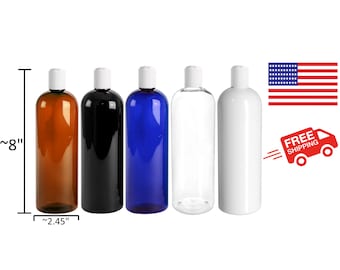 New, PET,BPA Free, Plastic 16oz Bottle. Amber ,Blue, Black, Clear & White, Durable, Recyclable, Squeezer, Cosmo Bottle/White Disc Top Cap.