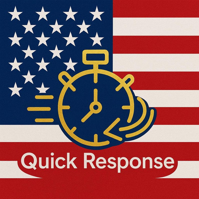 K&ouml;nnte beinhalten: Illustration mit der amerikanischen Flagge im Hintergrund, mit einem goldenen Stoppuhr-Symbol auf blauem Grund. Der Text "Quick Response" wird unten im Bild in Wei&szlig; angezeigt.