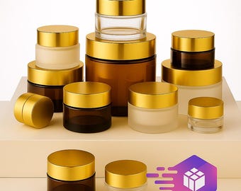 New 2oz Glass Jars/ Gold Covers/ White Inner Lids. Amber, Clear, Black and Frosted.